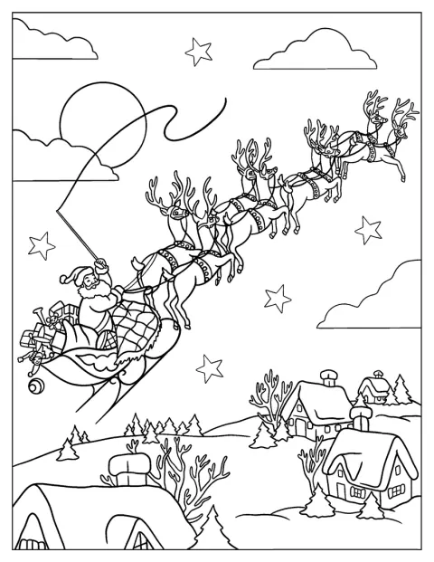 O Pai Natal atravessa o céu no trenó, puxado pelas renas.