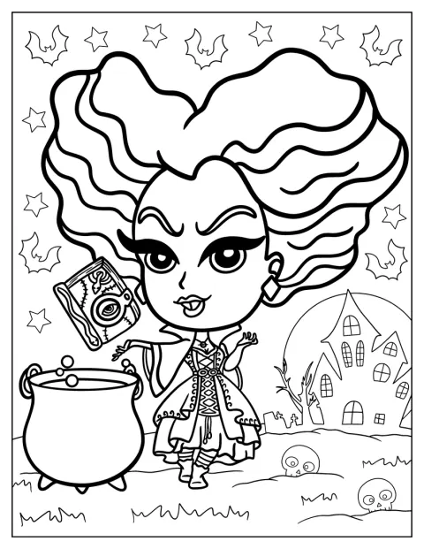 Chibi Winifred Sanderson trzyma księgę pełną czarów.