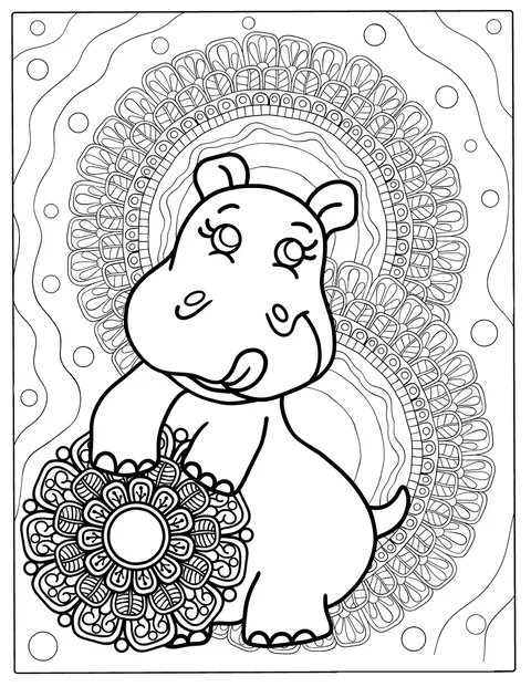 Un hippopotame est représenté avec des motifs de mandala détaillés.