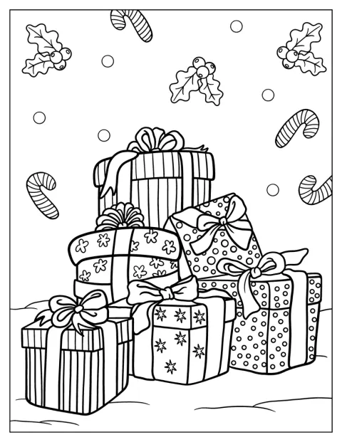 Versierde cadeautjes en zuurstokken liggen bij elkaar.