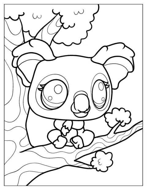 En koala från Littlest Pet Shop sitter bland grenarna i ett träd.