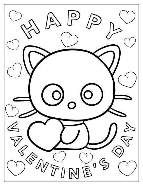 Un gato kawaii acompaña las palabras «Feliz San Valentín».