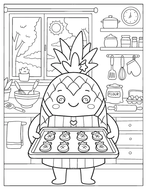 Una piña prepara galletas en la cocina.