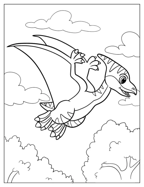 En söt pterodaktyl i kawaii-stil ler med stora ögon.