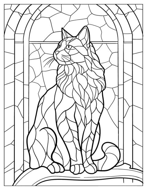 Eine flauschige Katze ist mit Mustern im Buntglasstil gestaltet.