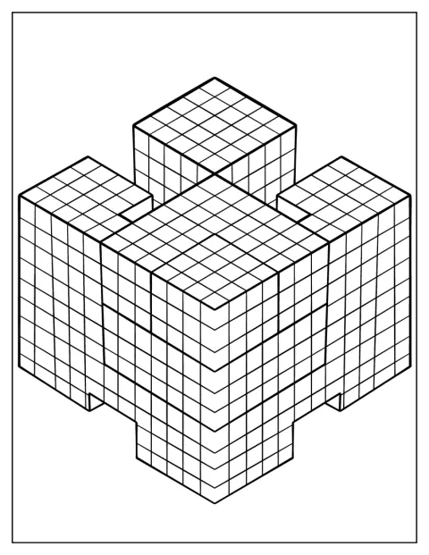 Una serie de cubos isométricos aparece alineada en la composición.