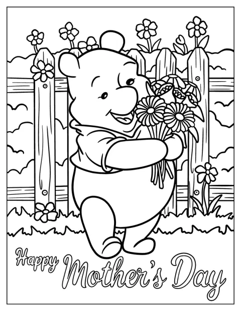 Kubuś Puchatek niesie bukiet kwiatów z okazji Dnia Matki.