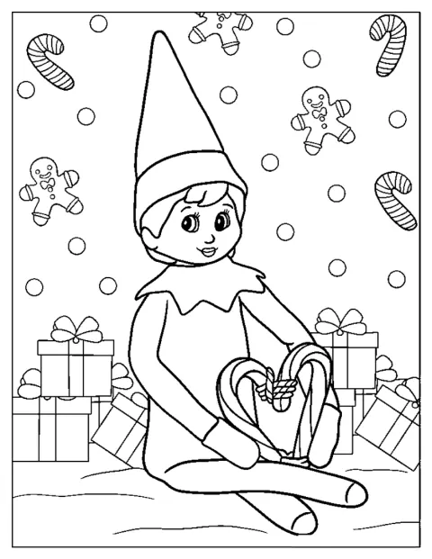 Um duende está numa prateleira, rodeado de bengalas doces e presentes.