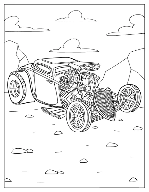 Een vintage hotrod staat afgebeeld met klassieke lijnen en details.
