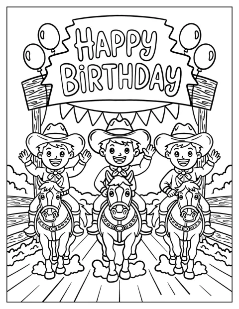 Dos vaqueros chibi cabalgan bajo una pancarta de cumpleaños.