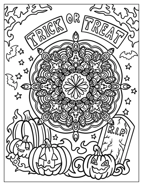 Denevérek repülnek a halloweeni mandala hátterében.