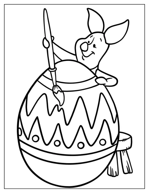 Piglet bemalt ein Osterei mit einem Pinsel.