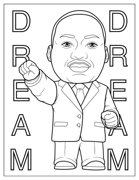 Martin Luther King Jr, en estilo chibi, levanta el puño.