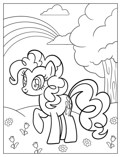 Pinkie Pie kävelee kukkivalla niityllä.