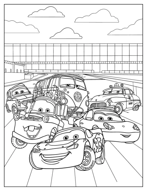 I personaggi di Cars si radunano in una scena ricca di dettagli.
