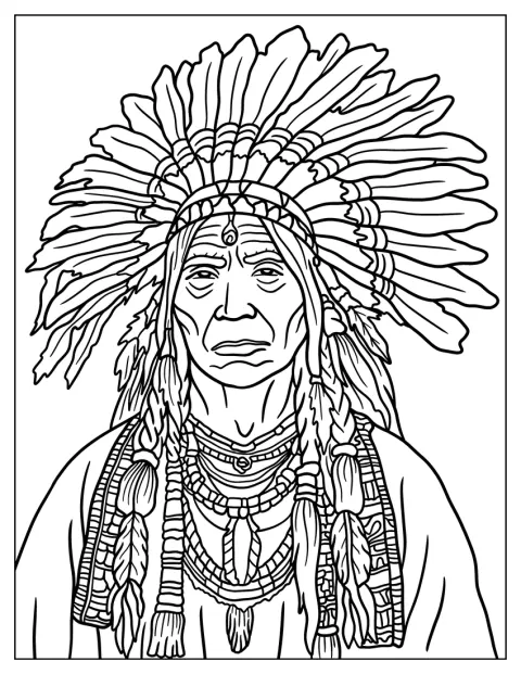 Un capo indigeno indossa un copricapo piumato e abiti tradizionali.