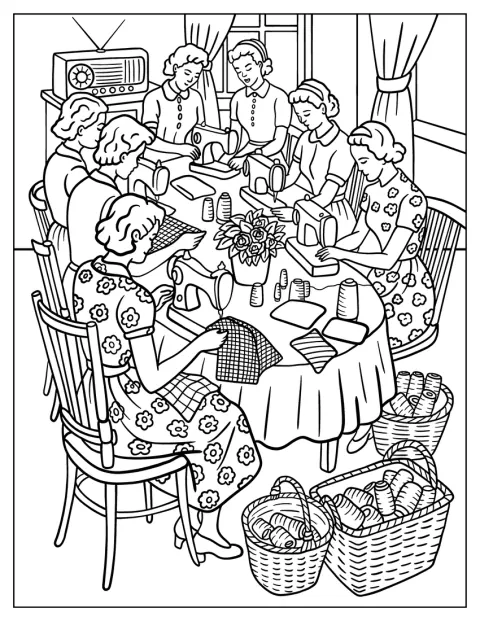 Vrouwen maken samen handwerk aan een tafel vol wol en stof.