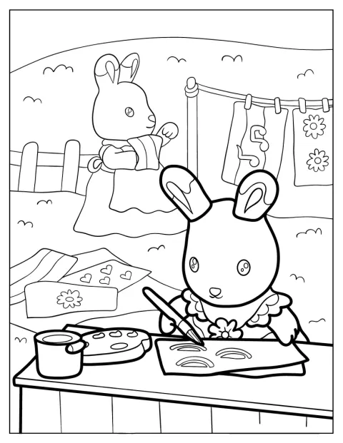 ステラが絵を描くそばで、テリーが洗濯物を干しています。
