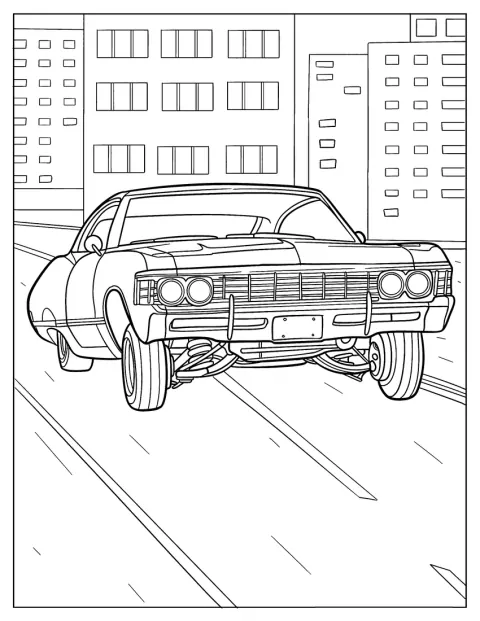 Přední pohled na Chevrolet Impala lowrider v městské ulici.