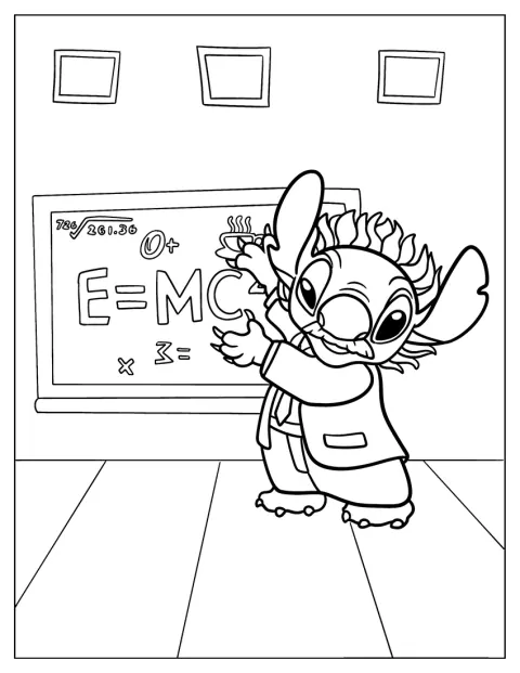 Einstein Stitch underviser i fysik foran en tavle.