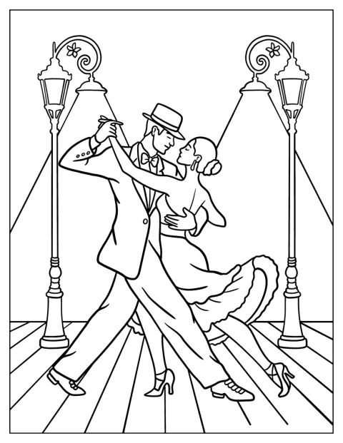 Una pareja baila tango en una calle adoquinada iluminada por farolas.