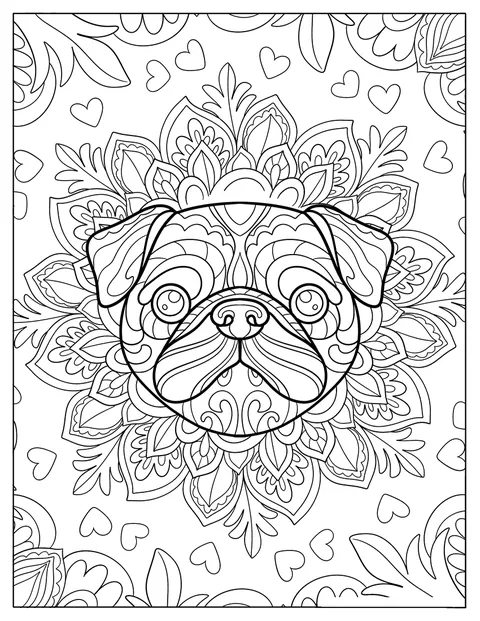 Chipul unui pug formează o mandala cu modele elaborate.