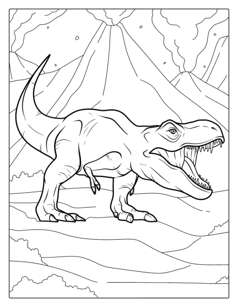En T-Rex brøler, mens en vulkan går i udbrud bag den.