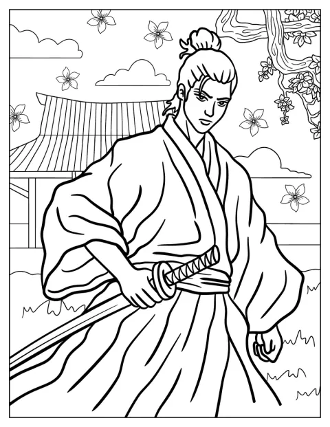 En samurai iført kimono står med et roligt udtryk.