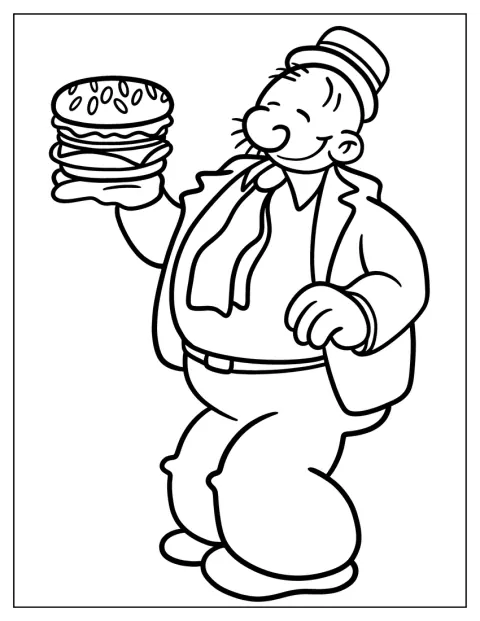 J. Wellington Wimpy houdt een cheeseburger vast.