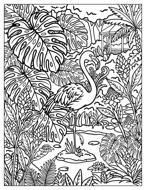 Un flamant rose avance dans l’étang d’un jardin luxuriant.