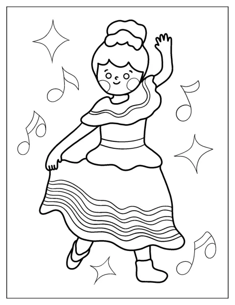 Ein Mädchen tanzt fröhlich im niedlichen Kawaii-Stil.