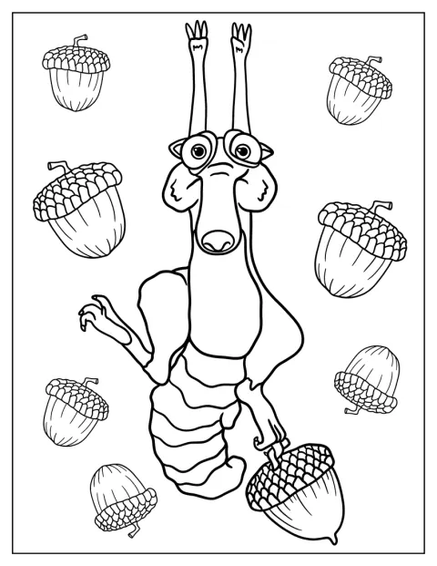 Scrat stojí před pozadím plným žaludů.