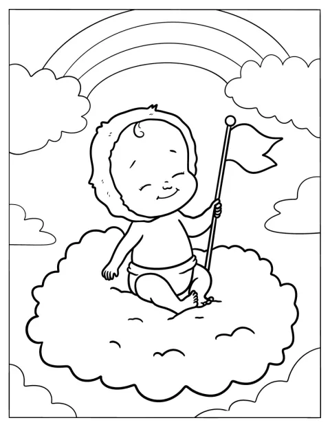 Sentado sobre una nube, el bebé sostiene una bandera.