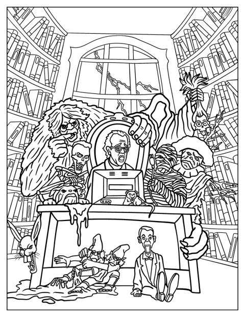 R. L. Stine scrive Piccoli brividi mentre alcuni mostri lo circondano.