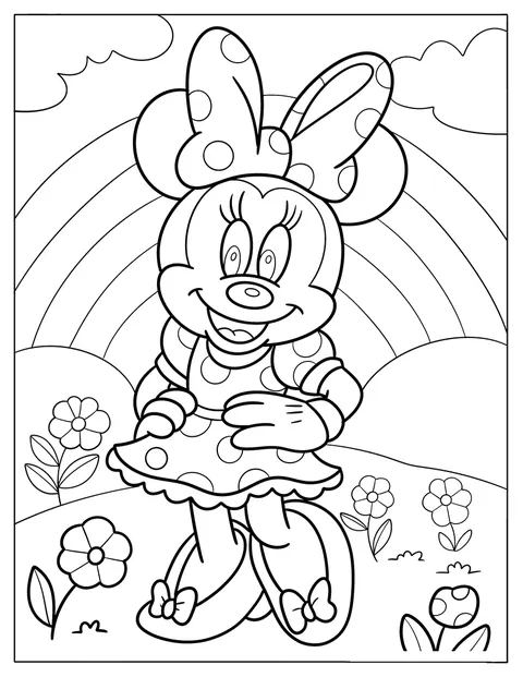 Minnie Mouse se tient près de fleurs sous un arc-en-ciel.