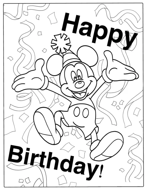 Topolino celebra il suo compleanno con festoni e palloncini.