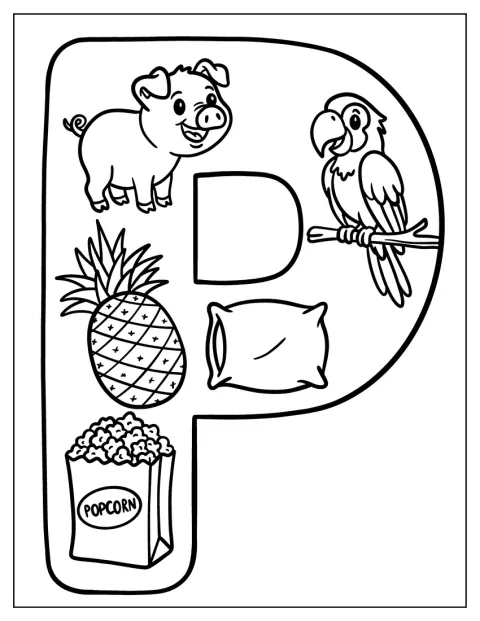 En gris, en papegøje, en ananas, en pude og popcorn står omkring et stort P.