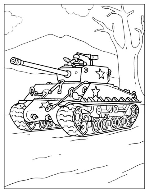 Een militaire tank rijdt over de weg met een schutter bovenop.