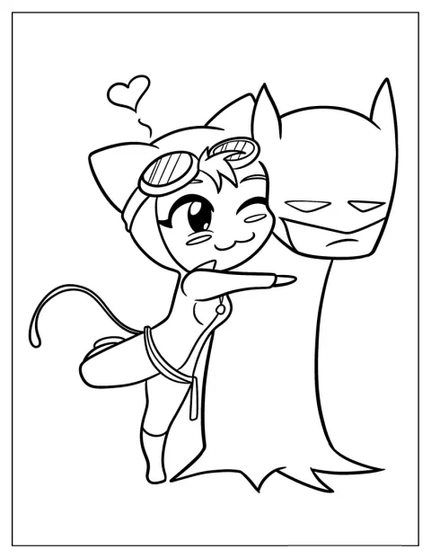 En estilo kawaii, Catwoman abraza a Batman.