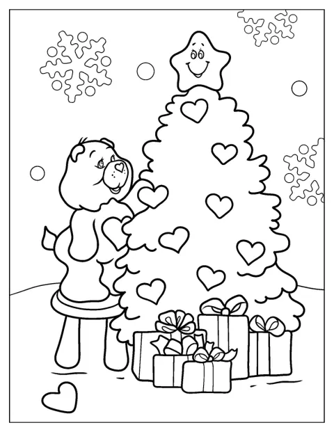 Tenderheart Bear decora uma árvore de Natal com enfeites.