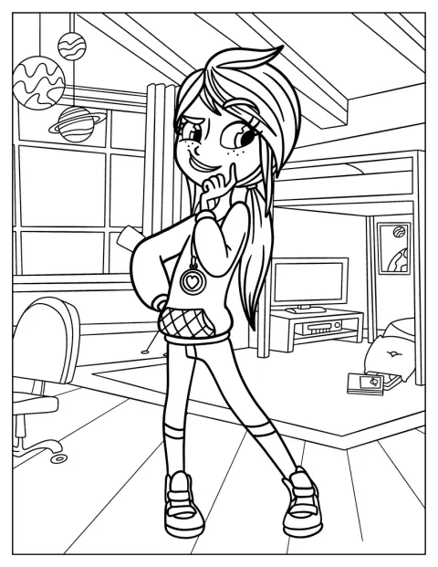 Polly Pocket está de pé, pensativa, com uma mão junto ao rosto.