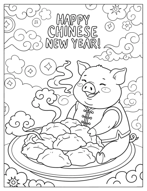 Chinese New Year Coloring Page of New Year Zodiac Pig Eating Baozi Steamed Buns