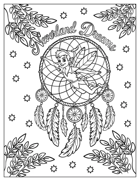 Peter Pan zboară printr-un prinzător de vise, alături de textul „Vise din Țara de Nicăieri”.