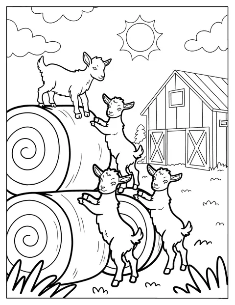 Cabras brincalhonas trepam fardos de feno numa quinta soalheira.