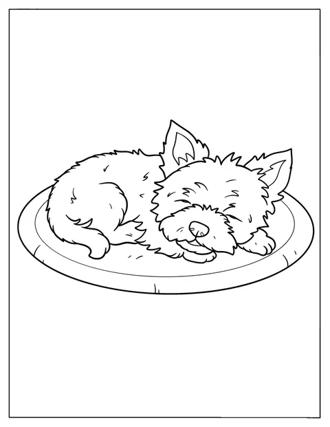 Zmęczony yorkshire terrier śpi zwinięty na dywanie.