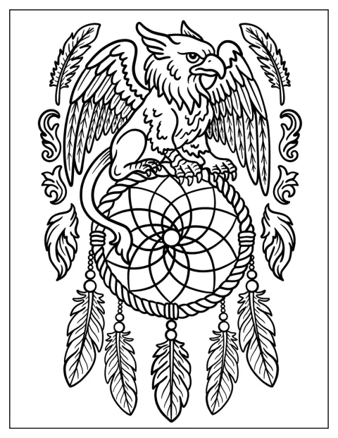 Gryf przysiadł na łapaczu snów ozdobionym piórami i plemiennymi symbolami.