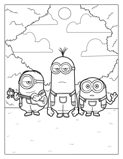 Minionii Bob, Kevin și Stuart apar împreună.