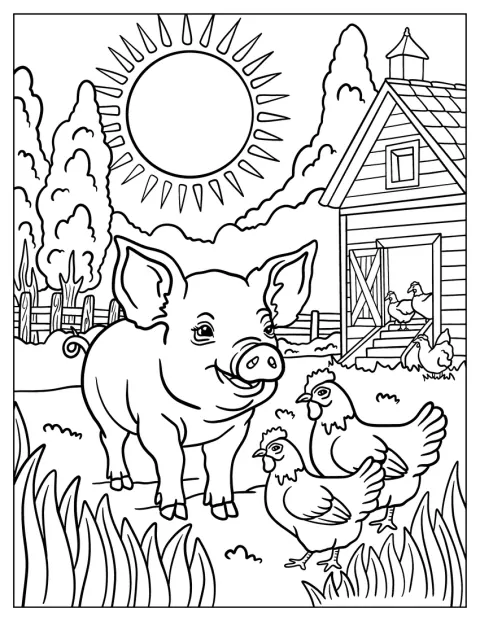 農場の小屋で、ブタとニワトリが一緒に過ごしています。