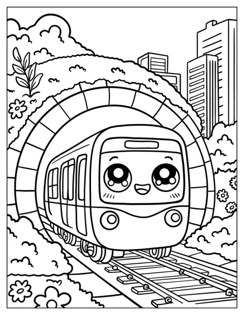地下鉄の車両が、花で飾られたトンネルを進んでいます。