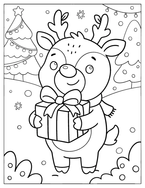 Uroczy Rudolph w stylu kawaii trzyma świąteczny prezent.